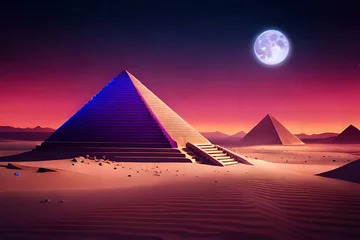 Tuinposter Night futuristic neon Egypt city with pyramid background. Dark cyber architecture in desert landscape with landmark. Illuminated purple ancient environment. Cairo dream cityscape with moon glow © Olanod