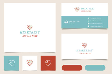 Heartbeat logo design with editable slogan. Branding book and business card template.