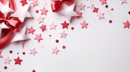 Festive background. Shining stars on white background. Christmas. Wedding. Birthday. Happy womans day. Mothers Day. Valentine Day. Flat lay, top view, copy space
