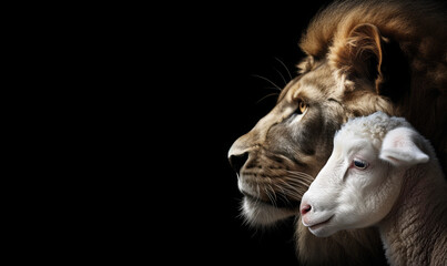 Profile of Lion and White Lamb Isolated on Black Background. AI generative - obrazy, fototapety, plakaty