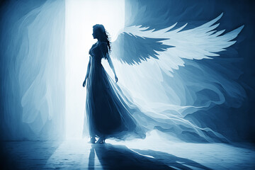 Woman Angel with Big White Wings in Sunny Magic Light, Dreamy. AI generative