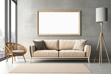 Frame wall mockup, cozy elegant interior design, empty painting frame, minimalistic living room poster display, modern interior, generative ai