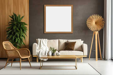 Frame wall mockup, cozy elegant interior design, empty painting frame, minimalistic living room poster display, modern interior, generative ai