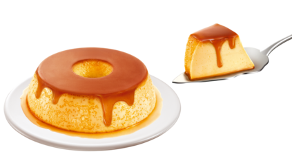 Prato com delicioso pudim de leite com calda de caramelo e espátula com pedaço de pudim - pudim de leite condesando