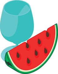 Watermelon drink icon isometric vector. Glass goblet near ripe watermelon slice. Beverage concept, natural ingredient