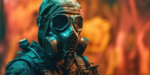 A man wearing a gas mask. Dieselpunk soldier wearing a gas mask with polluted air background. A stalker face in gas mask. Danger zone. Generative AI
