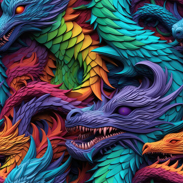 Fantasy paper dragons seamless repeat pattern - fantasy colorful, abstract art [Generative AI]
