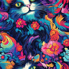 Impressionism cats seamless repeat pattern - colorful pastel colors, abstract art  [Generative AI]
