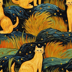 Impressionism cats seamless repeat pattern - colorful pastel colors, abstract art, starry night [Generative AI]
