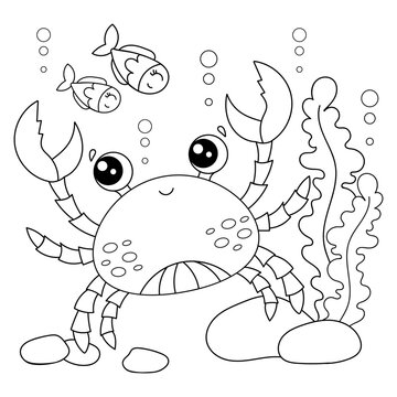 Cartoon crab with fish on the seabed. Black and white linear drawing. Marine theme. For the design of children's coloring books, prints, posters. stickers, postcards, puzzles, etc. Vector