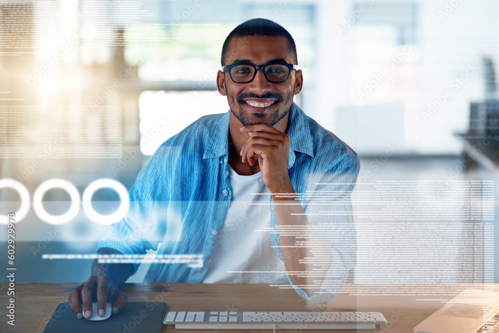 Fototapete Smile, screen and portrait of a man with software for coding, website development and programming. Work, happy and a professional programmer working on analytics, code algorithm and research