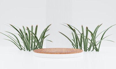 Circular podium for displaying food, perfumes and other products on nature background with 3d grass