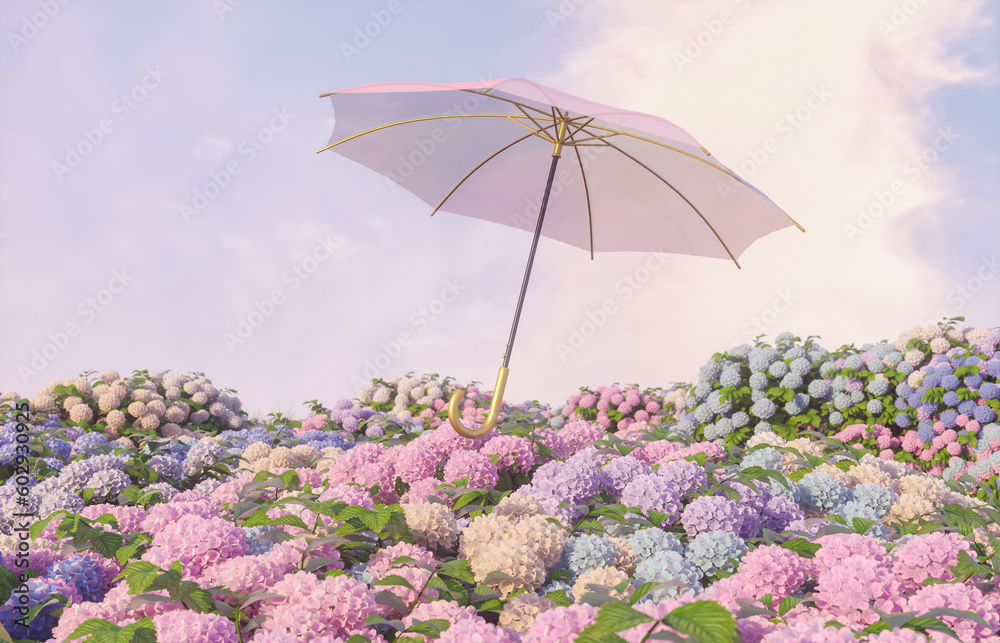 Poster hydrangea flower field with an umbrella. 3d rendering.