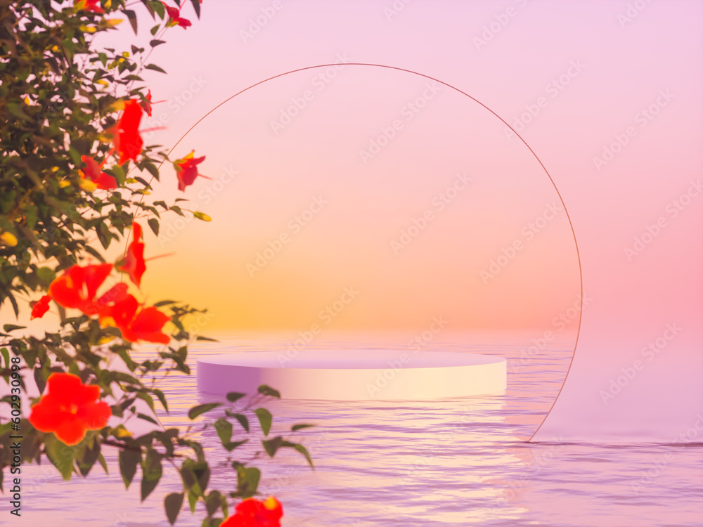 Poster Tropical summer scene with a podium for product display. 3d rendering.