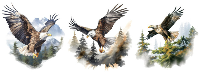 illustration of a flying eagle in wilderness on transparent background