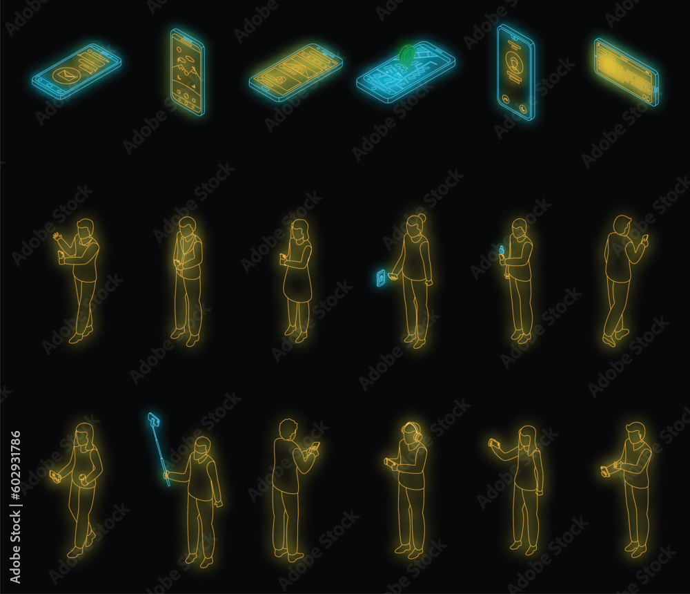 Poster using smartphone icons set. isometric set of using smartphone vector icons neon color on black