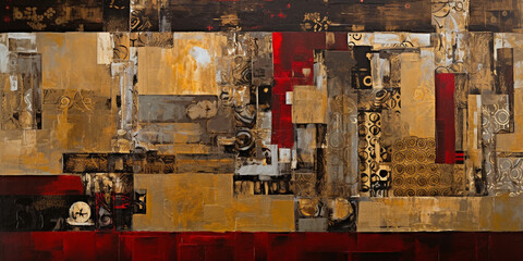 Urban Tapestry: A Vibrant Patchwork of Modern Grunge in Red and Sepia AI generated