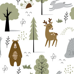 Obraz na płótnie Canvas Cute seamless pattern with forest animals and trees. Vector background for fabric, wrapping paper, etc.