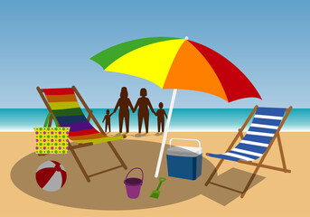 Familia en la playa. Familia LGTBI, lesbianas con sus hijos, disfrutando de un día de playa. Veranear