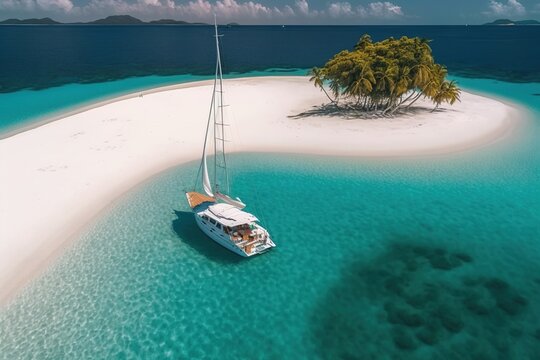 Aerial drone footage taken above Panama's San Blas Islands shows a sailing yacht anchored in clear water near to a pristine white sand beach