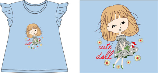 cute doll t shirt graphic design vector illustration digital file