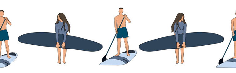 Surf woman decorative elements border woman and man  riding on surfboard over waves isolated silhouette blue illustration on white background.