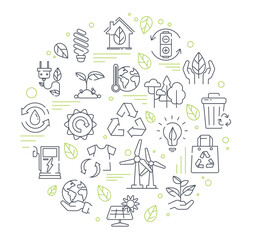 Ecology icons composition. Collection of graphic elements for website. Alternative energy sources and waste recycling. Electricity and power. Flat vector illustrations isolated on white background