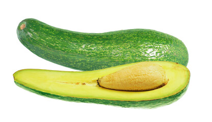 Long neck avocado or half of fresh avocado isolated. Png transparency