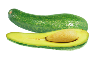 Long neck avocado or half of fresh avocado isolated. Png transparency