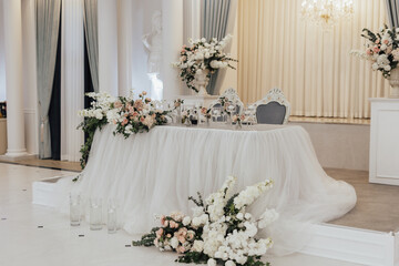 Classic wedding reception in restaurant. Table decoration with candles and flowers.	