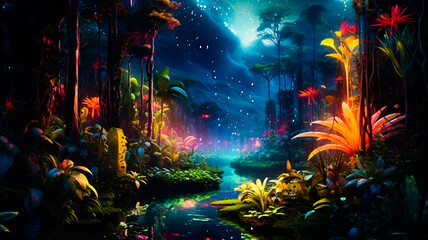 amazon jungle colorful night view. Generative AI