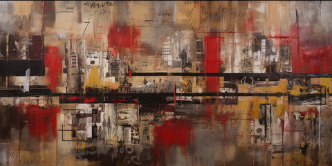 Industrial Reverie: A Captivating Collage of Red and Sepia in a Large Canvas Painting AI generated