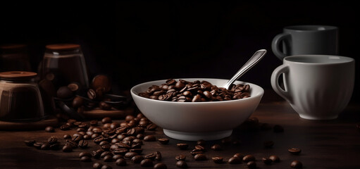 Obraz na płótnie Canvas Coffee background with saucer coffee beans and spoon on wooden floor black backgroundd, generative ai