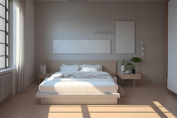 Minimalist master bedroom with white and wood walls, concrete floor, comfortable king-size bed and two nightstands - generative ai
