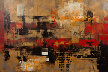 Obraz na płótnie Canvas Urban Tapestry: A Vibrant Patchwork of Modern Grunge in Red and Sepia AI generated