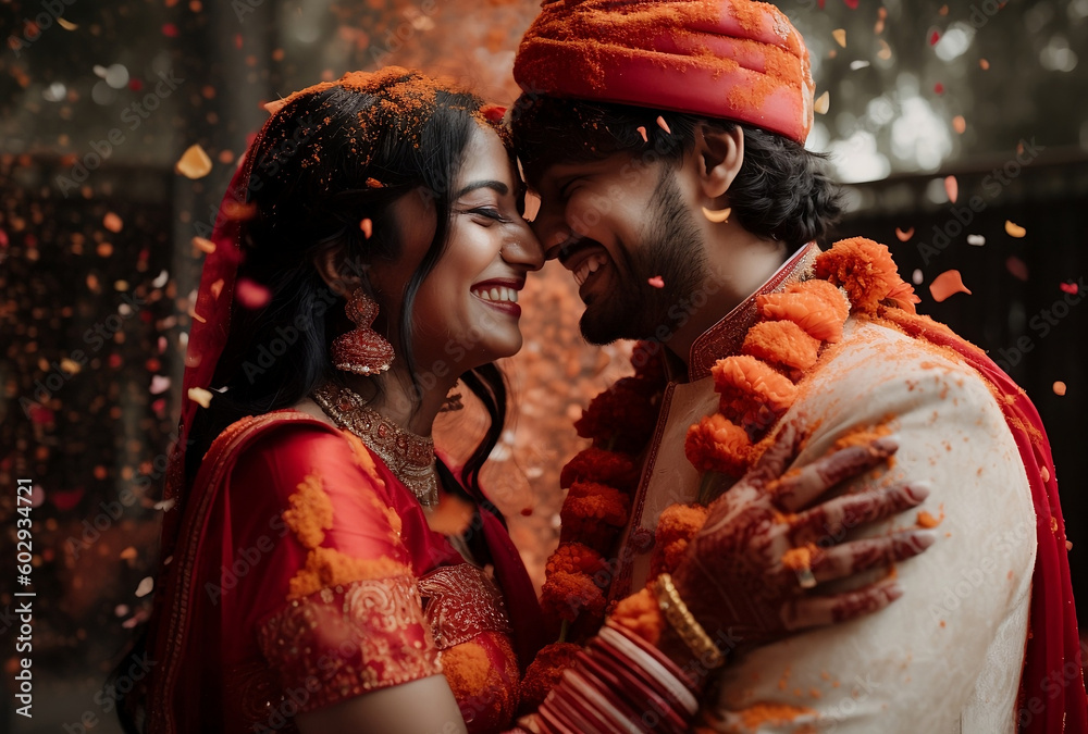 Wall mural an indian bride and groom embracing in the red fabric wedding costume with red flowers petals fallin