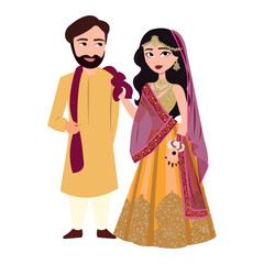 Obraz na płótnie Canvas Vector vector cute indian couple cartoon in traditional dress posing for wedding invitation card design