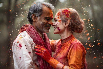 An elderly Indian bride and groom embracing in the red fabric wedding costume with red flowers petals falling down, generative ai