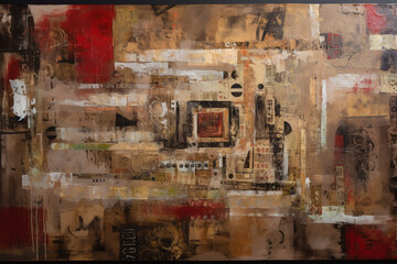 Industrial Reverie: A Captivating Collage of Red and Sepia in a Large Canvas Painting AI generated