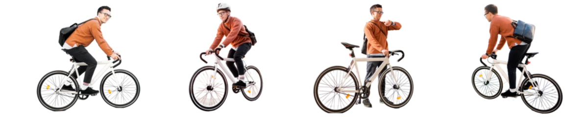 Fototapete Radfahren A man riding a bicycle in a helmet to work with a briefcase, transparent background, png.  © muse studio