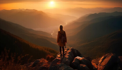 Fototapeta premium sunset over the mountains with silhouette of a woman over look to a sweeping vista of breathtaking visual beauty on the horizon, generative ai