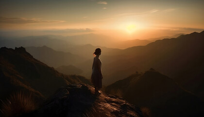 sunset over the mountains with silhouette of a woman over look to a sweeping vista of breathtaking visual beauty on the horizon, generative ai