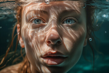 A beautiful blue eyes red hair woman swimming in the clear pool water, look straight to camera with captivated eyes, generative ai