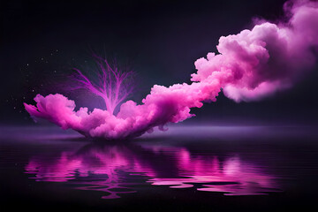 Color mist. Glitter smoke. Paint water splash. Magic potion. Purple pink glowing sparkling particles fog floating on dark black abstract art background