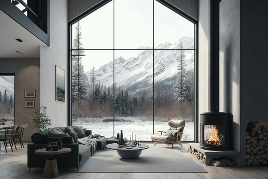 Modern living room with fireplace, forest challet interior in Winter, snowy mountain view out of windows
