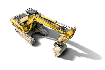 Crawler excavator with a large bucket on a white isolated background. Powerful excavator with an elongated bucket close-up, top view. Element for design. Rental of construction equipment.