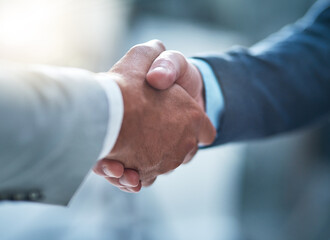 Business people, deal and handshake by men for b2b partnership, welcome and hiring success. Thank you, shaking hands and person team in recruitment agreement, promotion or onboarding negotiation