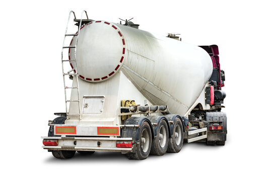 Big truck for transporting cement on a white isolated background. A cement truck unloads cement at a concrete plant. Concrete production. Specialized construction transport.