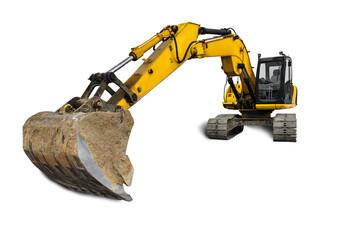 Crawler excavator with extended boom and big bucket isolated on white background. Powerful excavator with an extended bucket close-up. element for design. Rental of construction equipment.