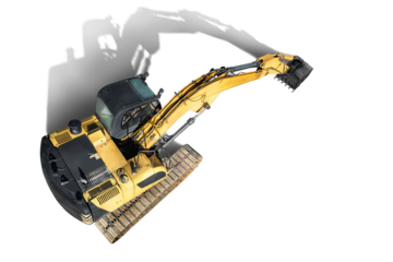 Crawler excavator with a large bucket on a white isolated background. Powerful excavator with an elongated bucket close-up, top view. Element for design. Rental of construction equipment.